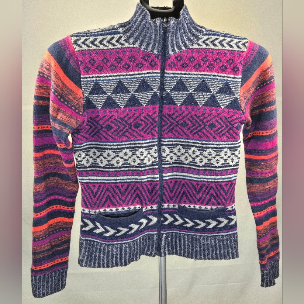 Title Nine Aztec Wool Blend Gorpcore Full Zip Sweater, Small